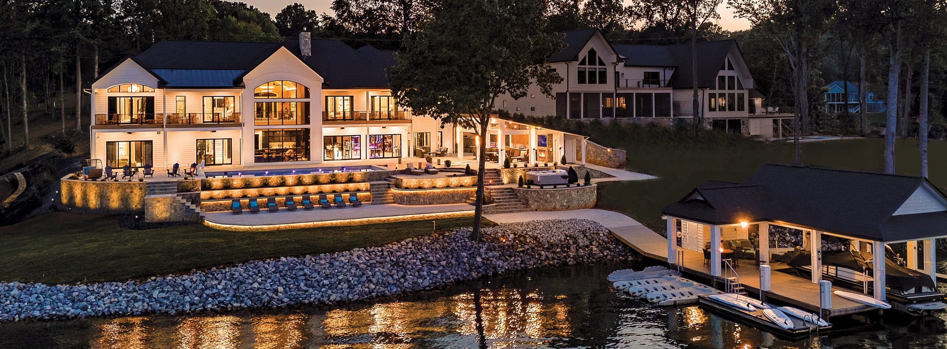 Luxury vacation rental at Smith Mountain Lake at twilight